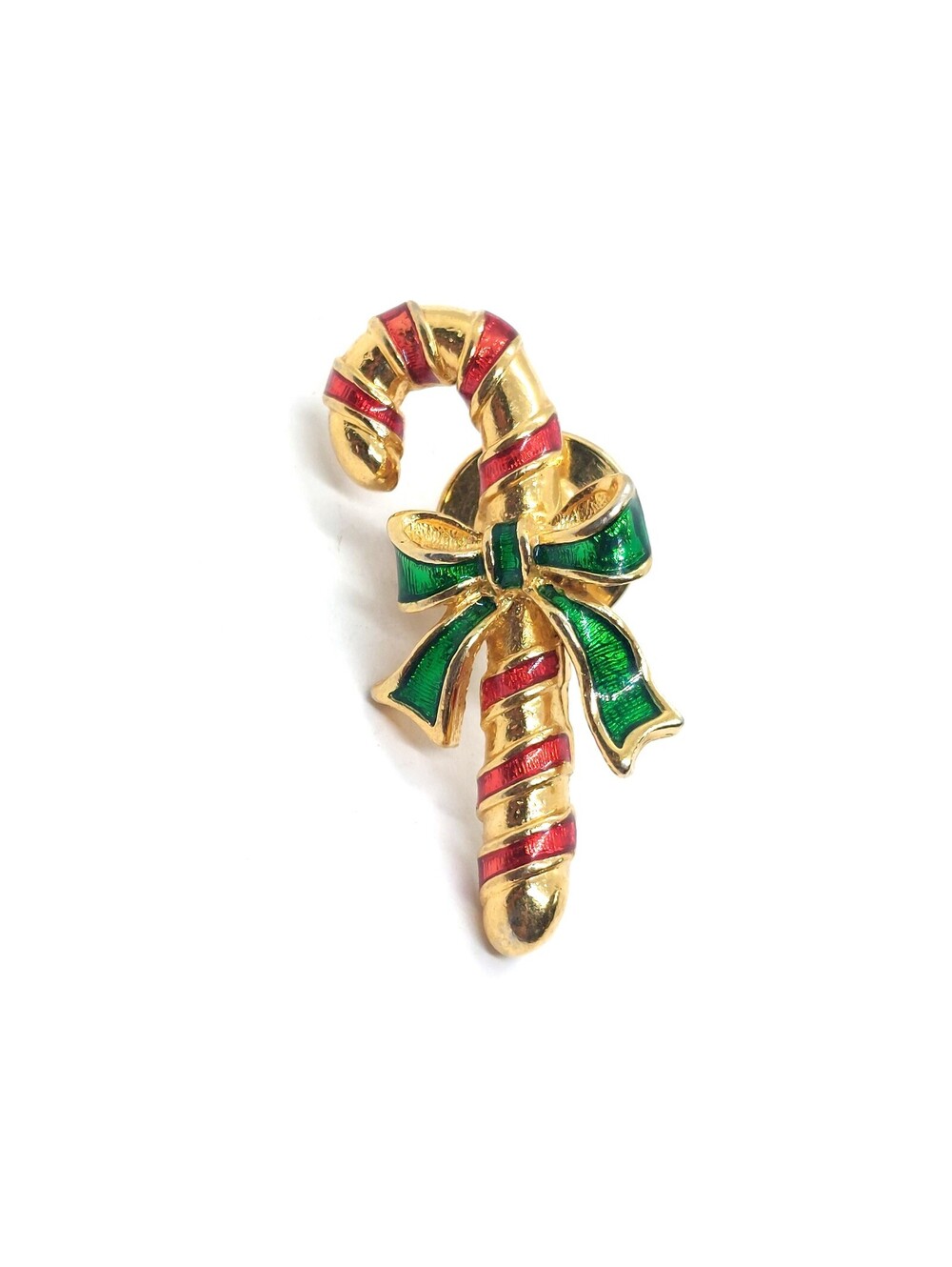 Vintage Candy Cane Enamel Pin Christmas Holiday Green Bow Striped Lapel